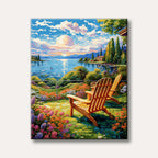 A vibrant impressionistic painting of a serene lakeside view with two wooden Adirondack chairs in a colourful flower garden, bathed in the soft light of a setting or rising sun.