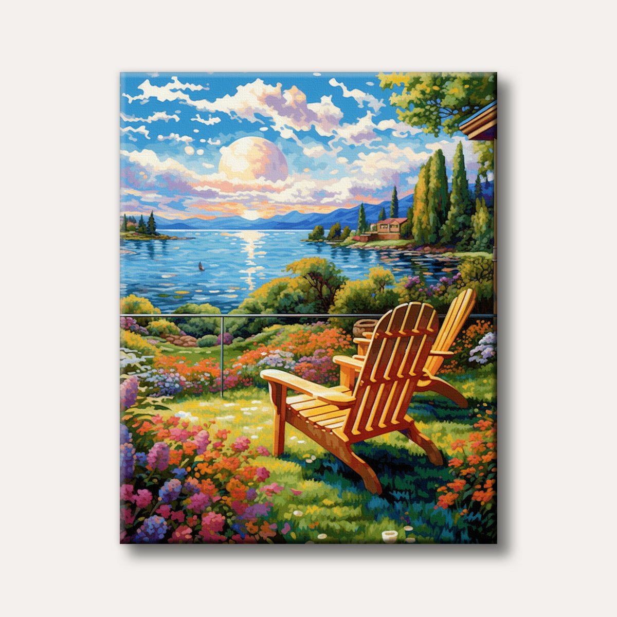 A vibrant impressionistic painting of a serene lakeside view with two wooden Adirondack chairs in a colourful flower garden, bathed in the soft light of a setting or rising sun.