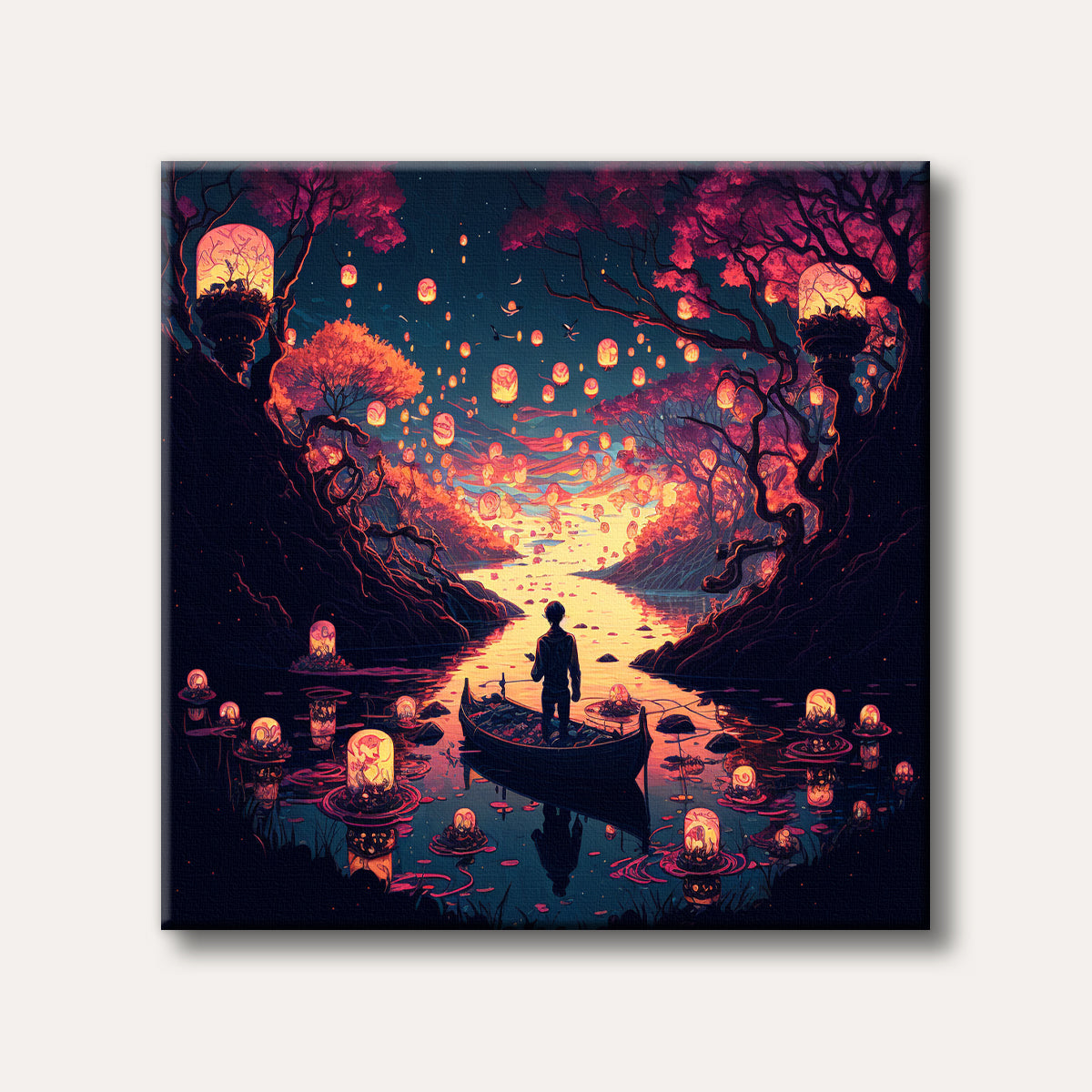 A person in a boat on a calm river surrounded by glowing, whimsical lanterns and dark, vibrant pink-leafed trees under a twilight sky, painted in a fantasy art style.