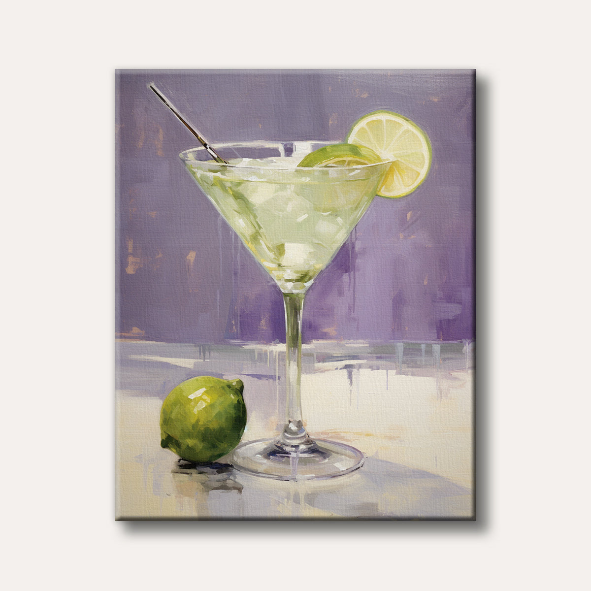 A vibrant, painterly depiction of a martini glass filled with a lime drink and ice, garnished with lime slices, set against a textured purple and white background.