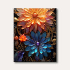 A vibrant digital art piece featuring a glowing orange flower and a deep blue flower, intricately detailed with golden metallic vines and sparkling accents on a dark background, evoking a luxurious and magical mood.