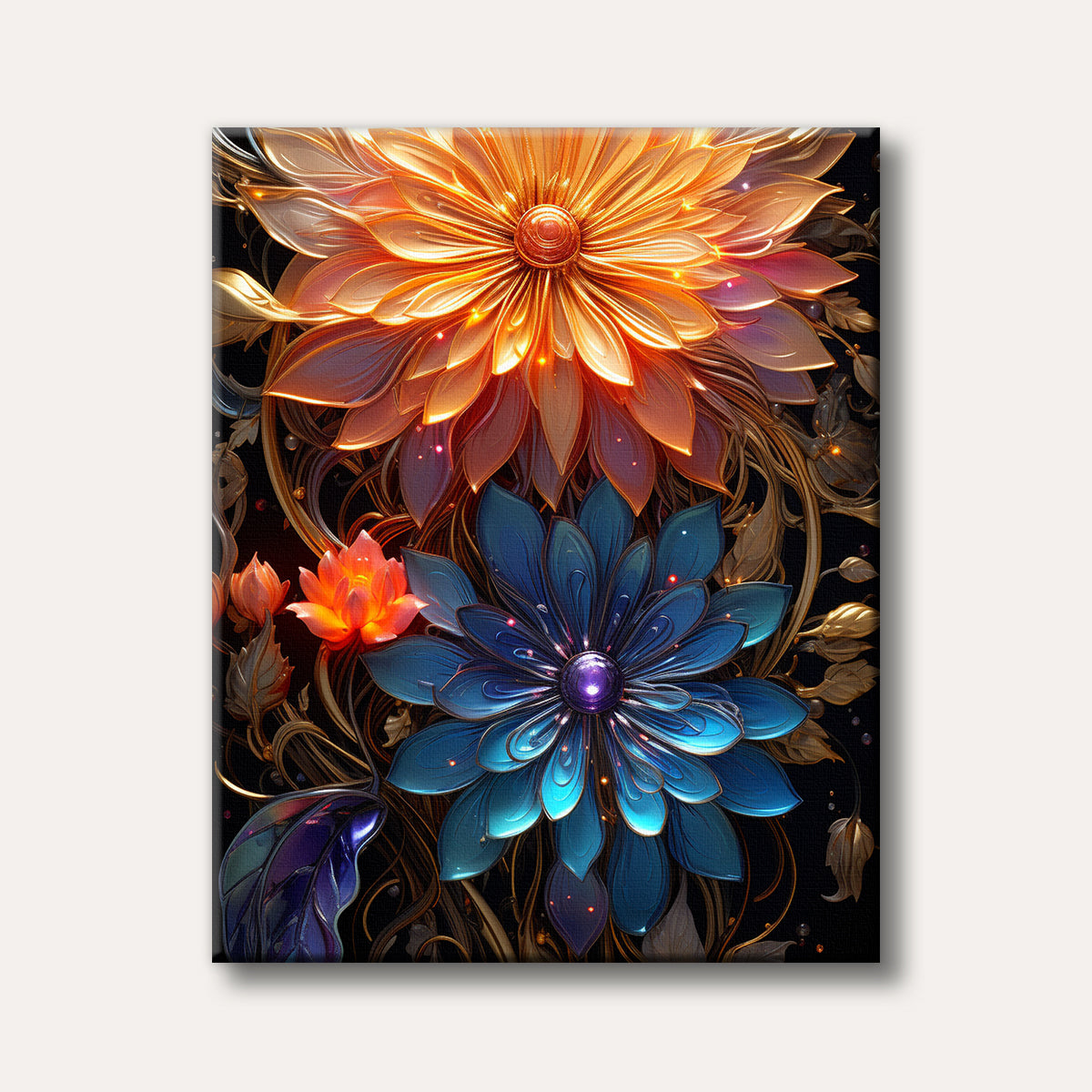 A vibrant digital art piece featuring a glowing orange flower and a deep blue flower, intricately detailed with golden metallic vines and sparkling accents on a dark background, evoking a luxurious and magical mood.