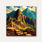 A vibrant, stylized illustration of the ancient Machu Picchu ruins nestled amongst towering mountains under a dynamic sky, rendered in bold colours.