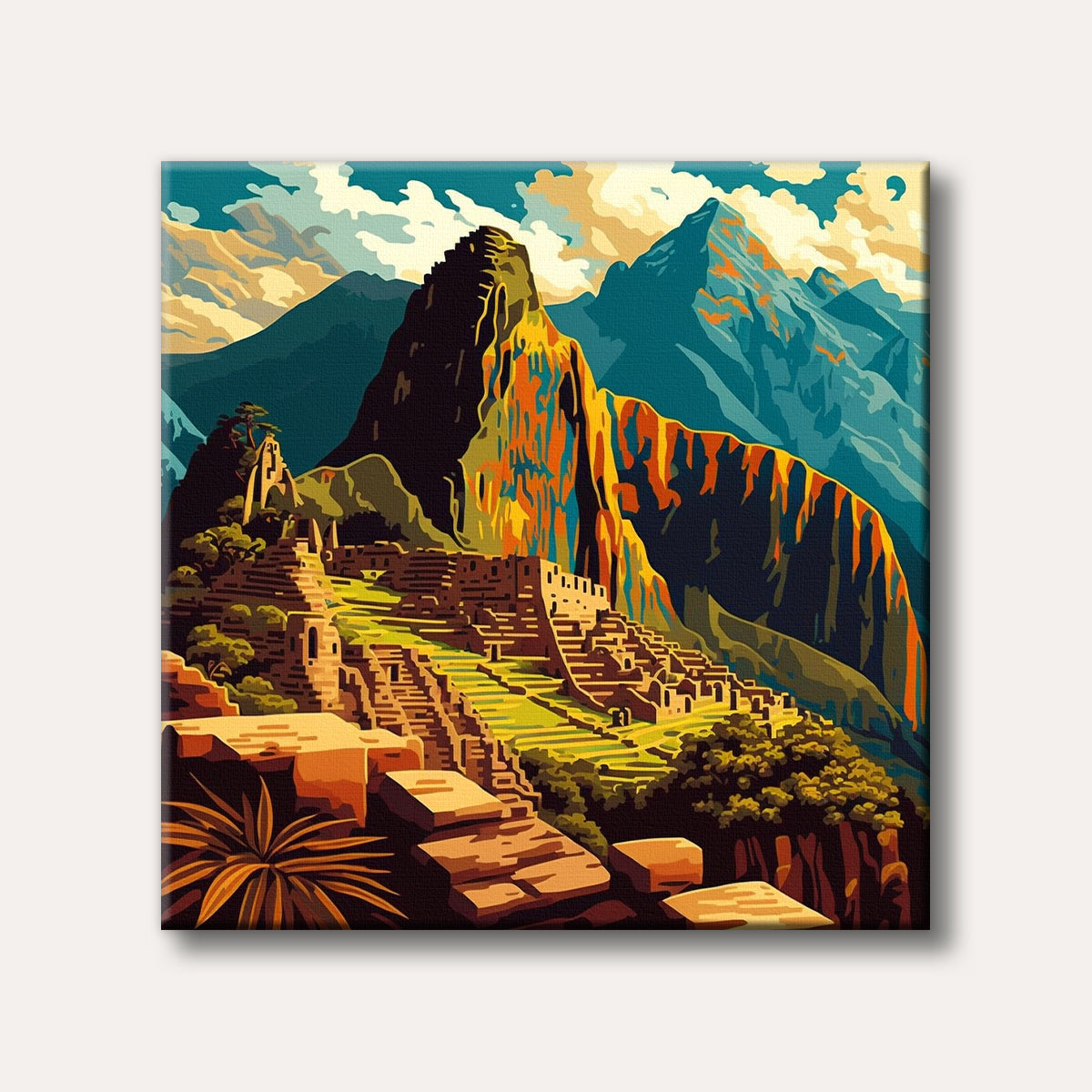 A vibrant, stylized illustration of the ancient Machu Picchu ruins nestled amongst towering mountains under a dynamic sky, rendered in bold colours.