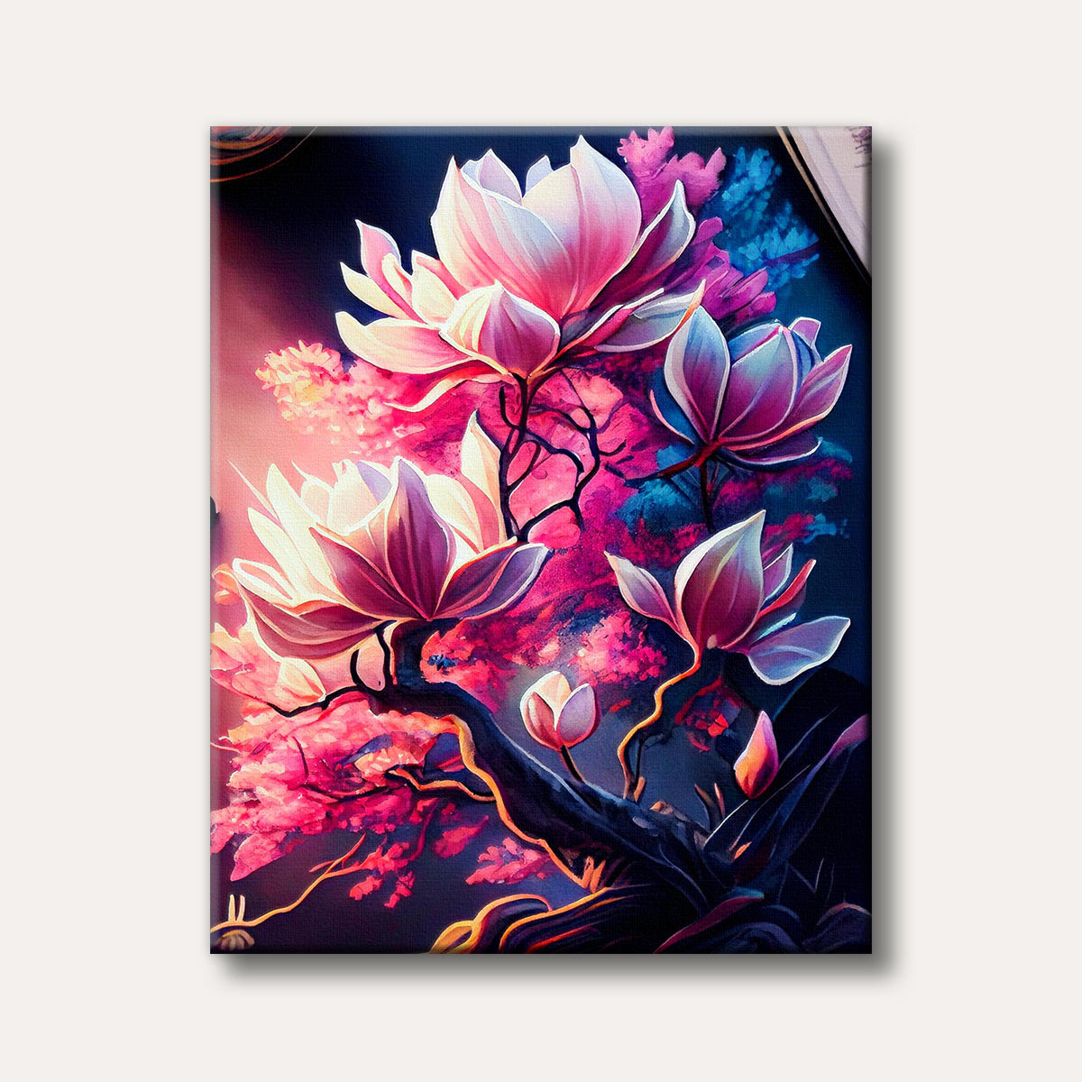 A stylized painting of large, luminous pink and purple flowers with white accents, set against a dark, vibrant background, evoking a dreamy and magical mood.