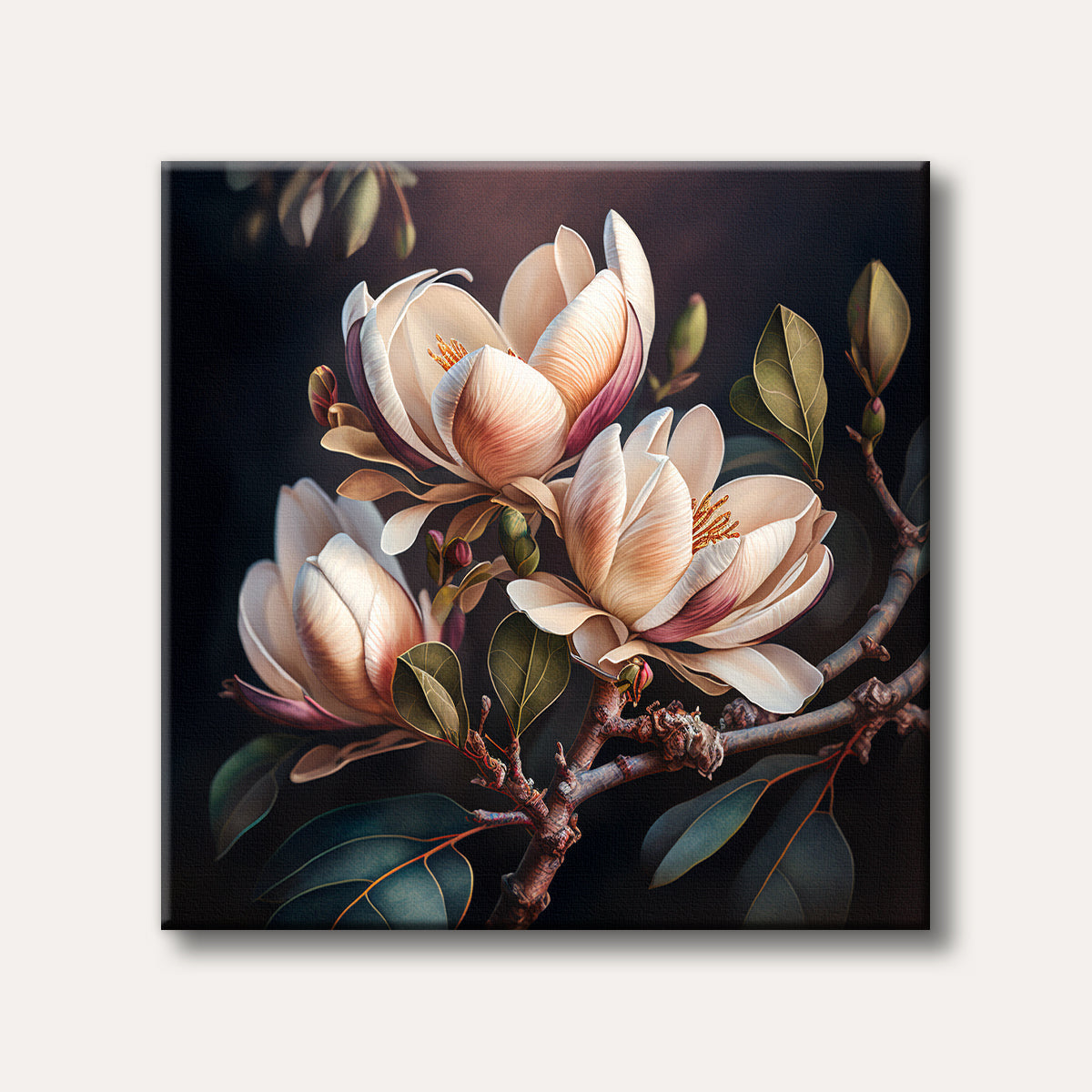 A detailed painting of creamy white and pink magnolia flowers with green leaves on a dark, textured background, rendered in a realistic, elegant style.