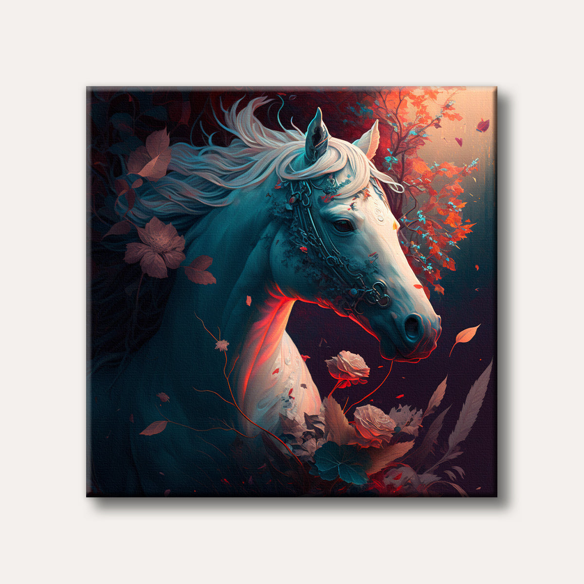 A highly stylized white horse with glowing blue and red highlights is surrounded by dark, vibrant red and blue foliage, evoking a mystical and enchanted mood.