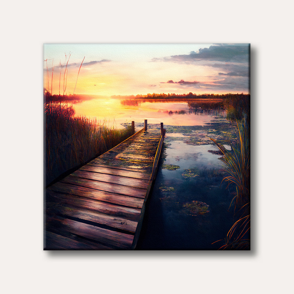 A realistic painting of a wooden dock stretching into calm water at sunset, surrounded by tall reeds under a vibrant orange and pink sky.