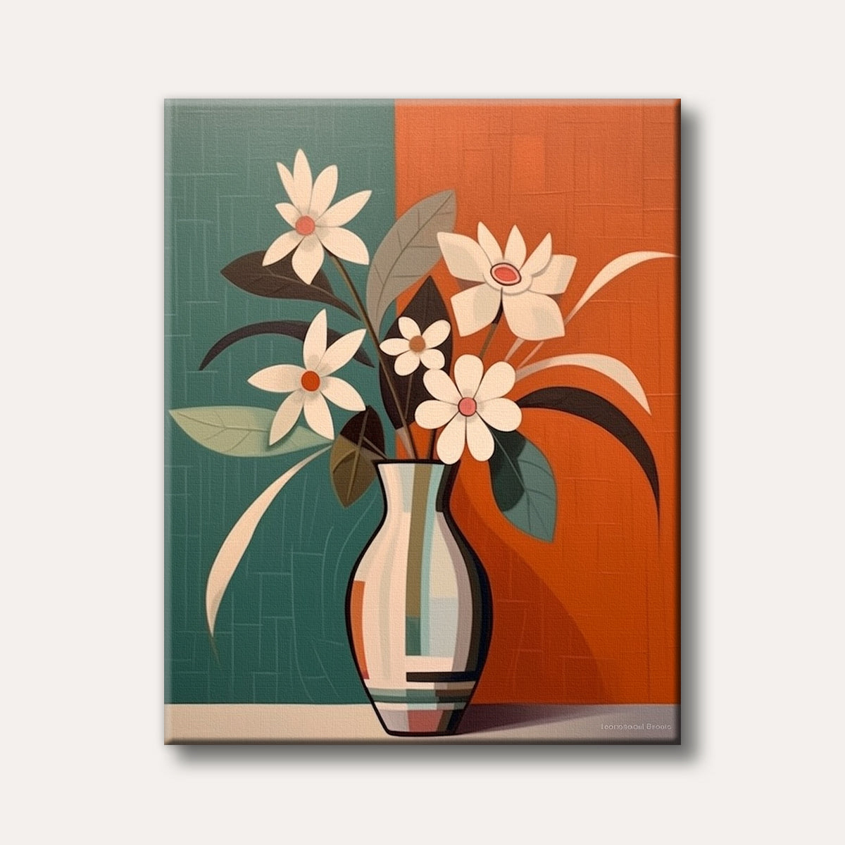 A vibrant mid-century modern painting of white flowers in a stylized vase against a split teal and orange background, rendered with bold shapes and flat colours.