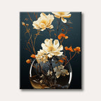 Cream and golden flowers with delicate branches elegantly arranged within a glass orb, set against a dark teal background in a modern, stylized art style.