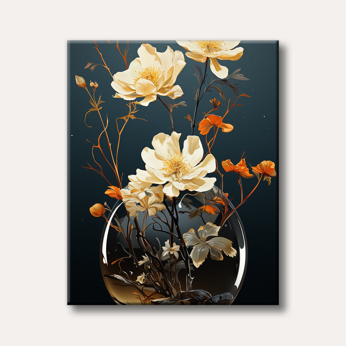 Cream and golden flowers with delicate branches elegantly arranged within a glass orb, set against a dark teal background in a modern, stylized art style.
