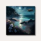 A serene coastal landscape at night, illuminated by a full moon reflecting on gentle waves and a sandy beach, with blooming flowers and palm trees in the foreground, painted in a realistic yet dreamy style.