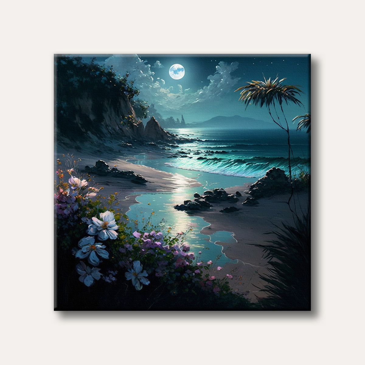 A serene coastal landscape at night, illuminated by a full moon reflecting on gentle waves and a sandy beach, with blooming flowers and palm trees in the foreground, painted in a realistic yet dreamy style.