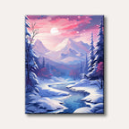 A picturesque winter landscape featuring snow-covered mountains, a winding river, and frosted trees under a vibrant pink and purple sunset sky, painted in a stylized, serene manner.