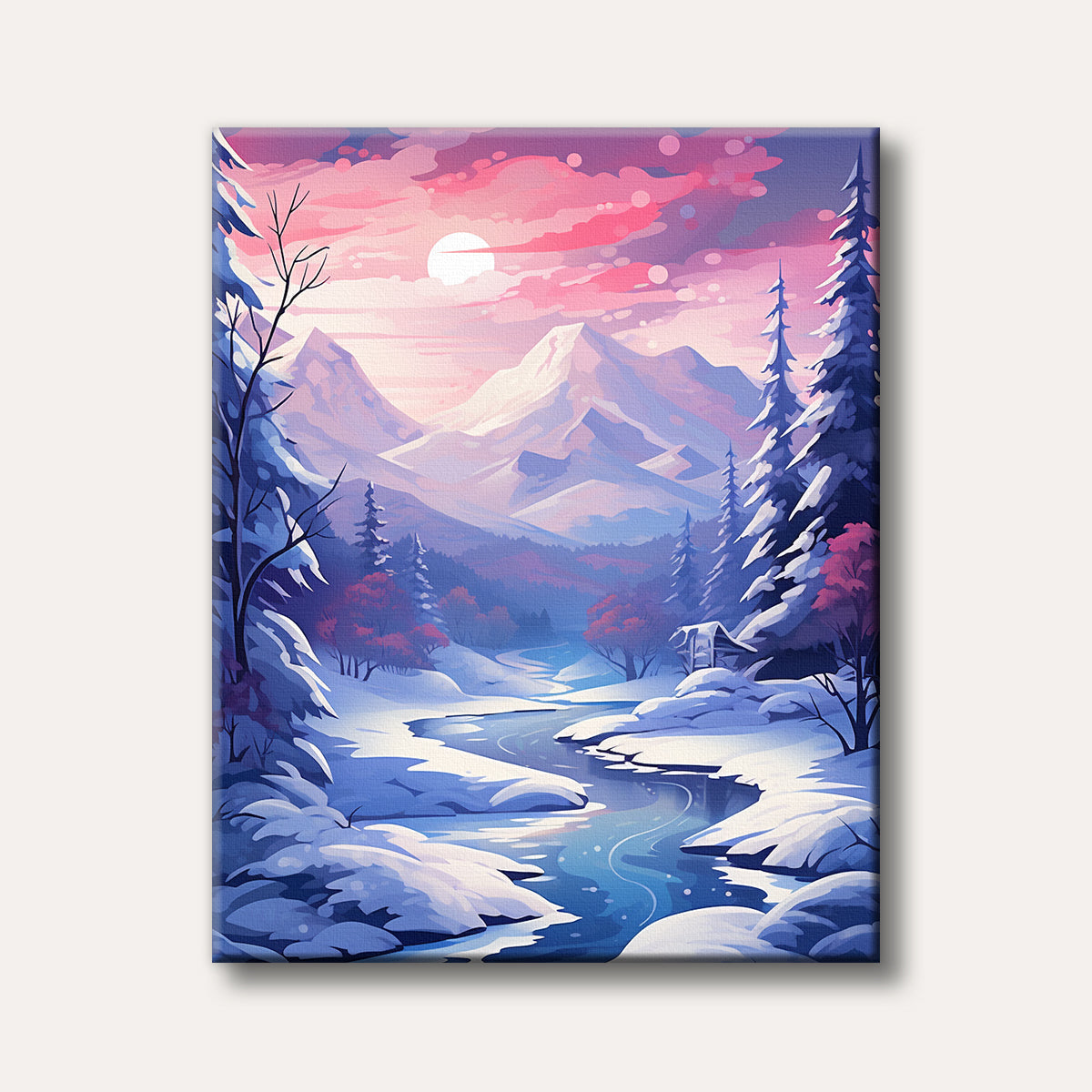 A picturesque winter landscape featuring snow-covered mountains, a winding river, and frosted trees under a vibrant pink and purple sunset sky, painted in a stylized, serene manner.