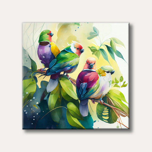 Four vibrantly coloured birds, including shades of green, purple, red, and yellow, are perched on a leafy branch, rendered in a loose, expressive style.