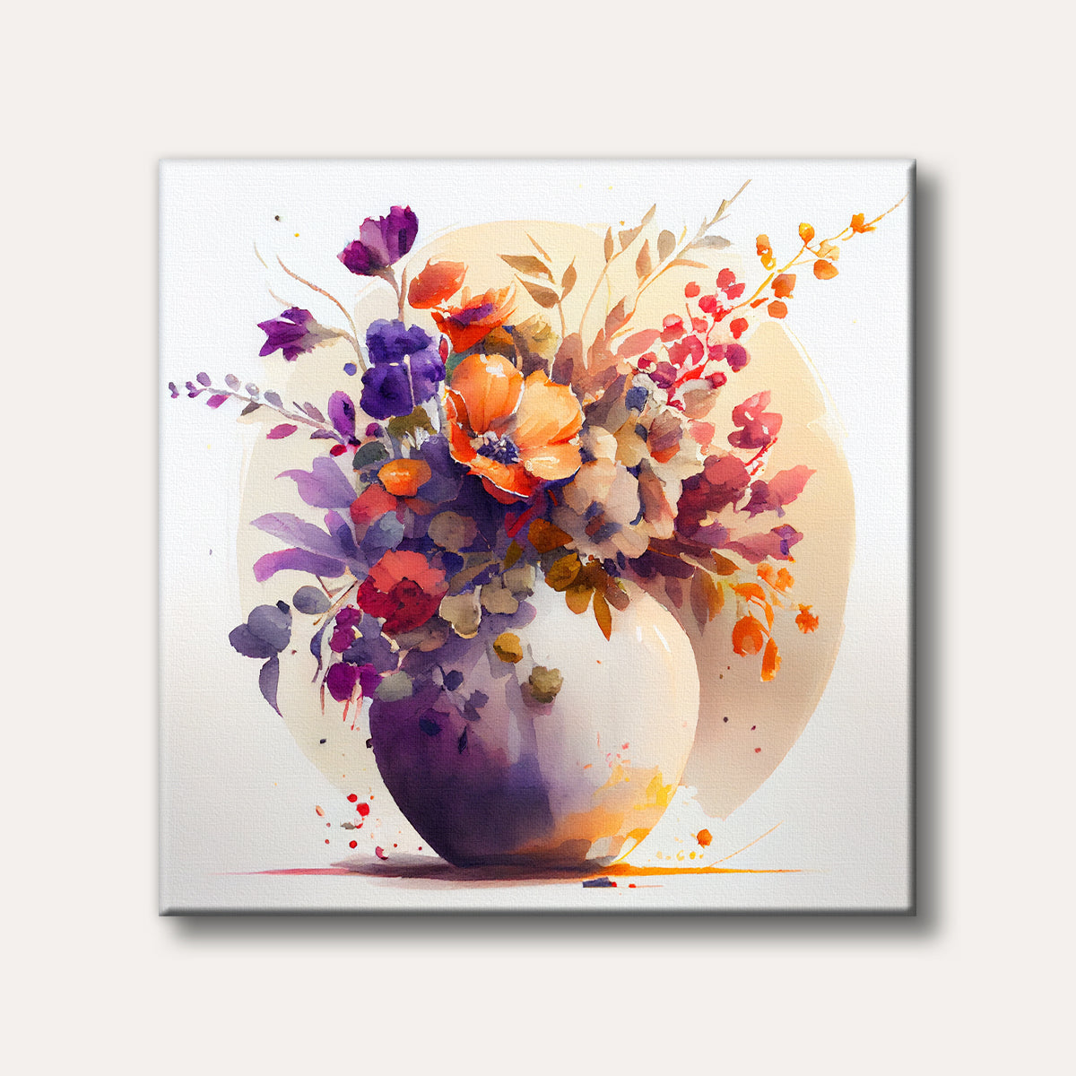A vivid watercolour painting of a large floral bouquet in a simple white vase, featuring purple, orange, and red flowers against a light background, evoking a cheerful and artistic mood.