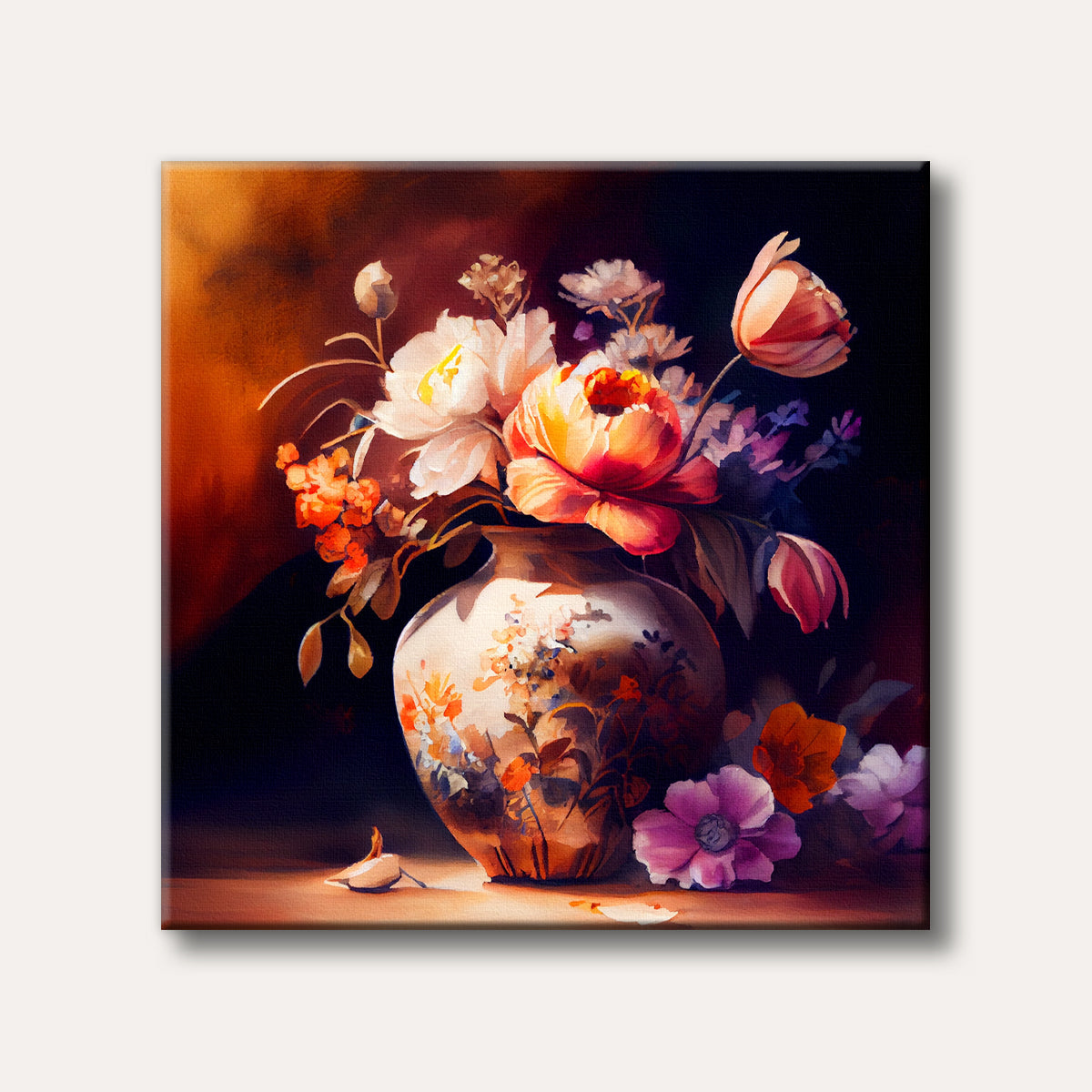 An elegant still life painting of vibrant peonies, tulips, and other blossoms in a decorative vase, depicted in a rich, painterly style with warm hues against a dark background.