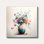 A delicate watercolour painting featuring a white and teal vase overflowing with vibrant orange poppies and assorted colourful wildflowers.