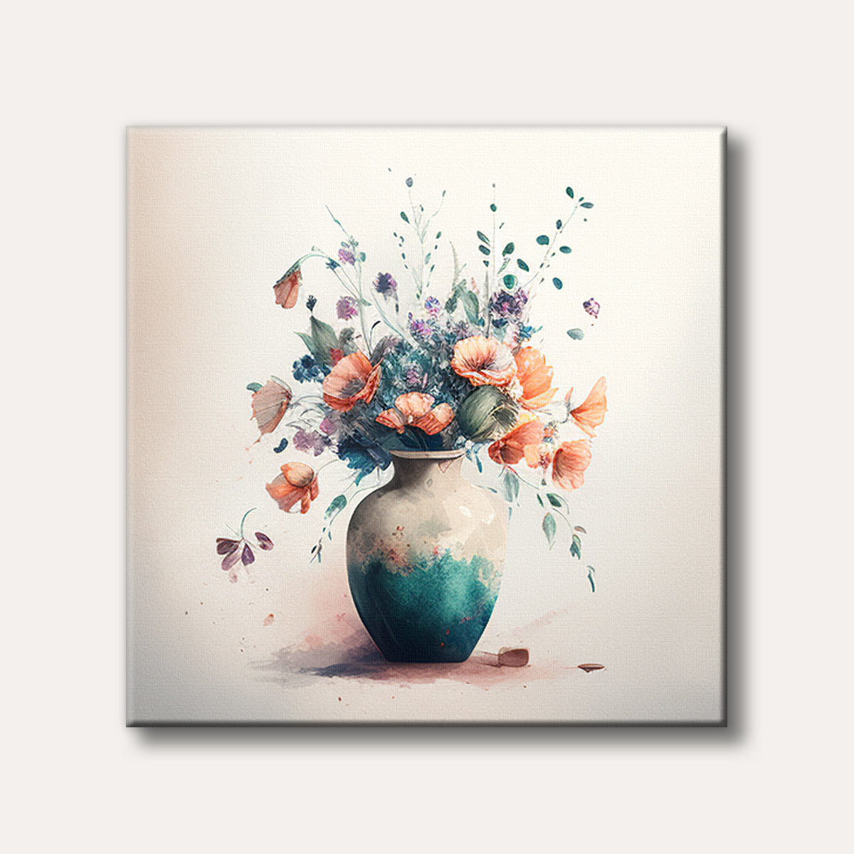A delicate watercolour painting featuring a white and teal vase overflowing with vibrant orange poppies and assorted colourful wildflowers.