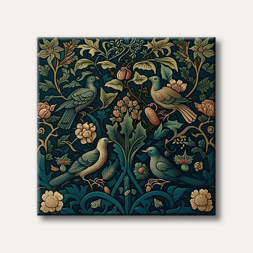 A decorative Art Nouveau pattern featuring four stylized birds amidst intricate leafy vines and blossoming flowers, rendered in rich blues, greens, and gold tones.