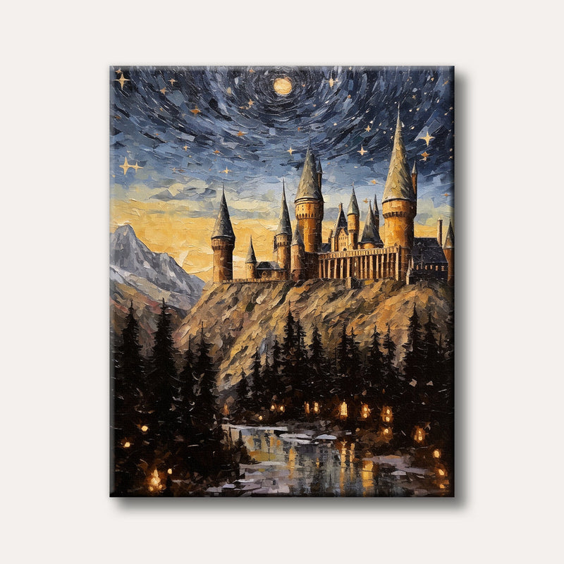 A vibrant, impressionistic painting of a grand fantasy castle on a hill at night, with a swirling starry sky, bright moon, dark pine trees, and reflective water with glowing lights.