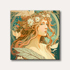 An elegant Art Nouveau portrait of a woman with long, flowing hair and a floral wreath, accompanied by doves, against a teal and gold ornate background.