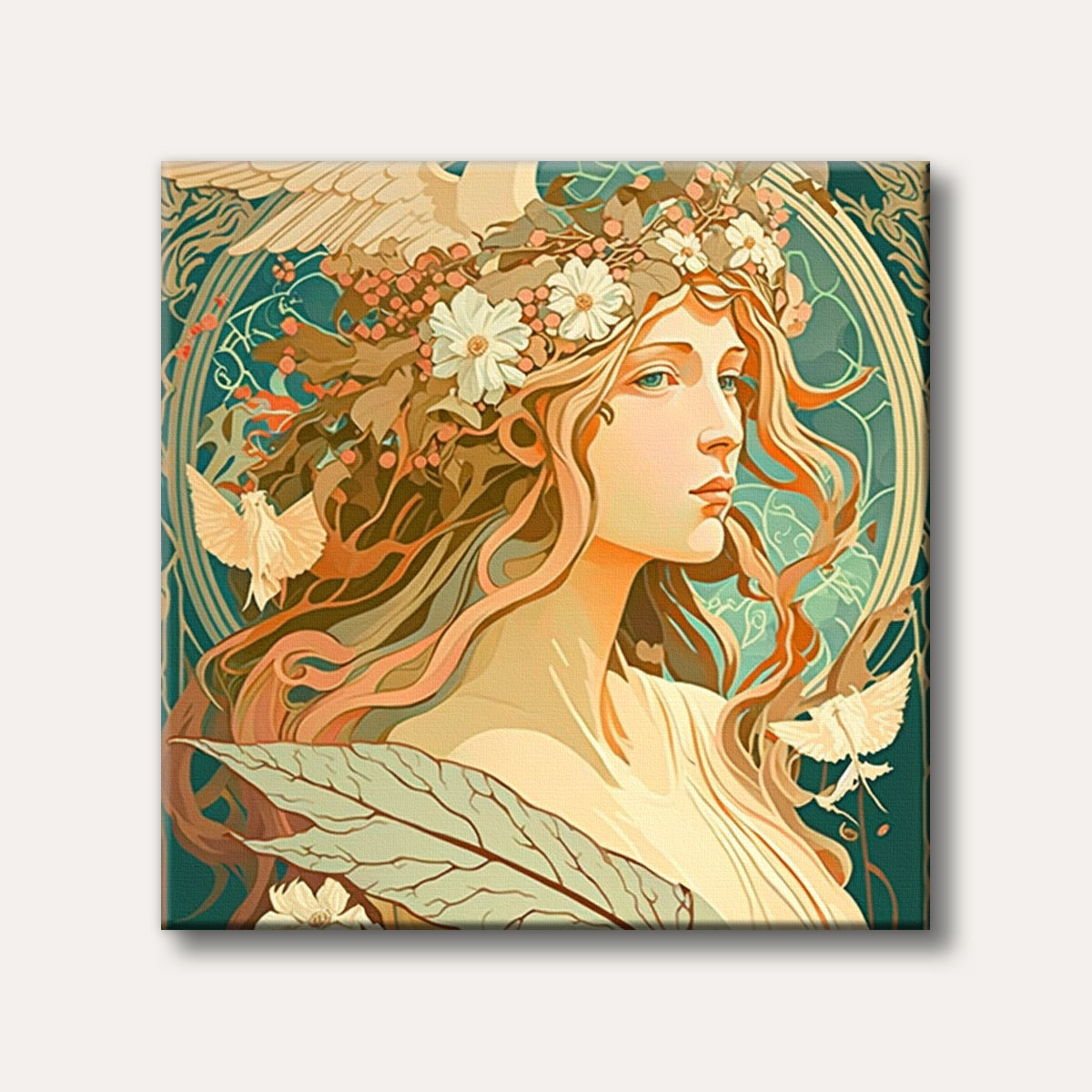 An elegant Art Nouveau portrait of a woman with long, flowing hair and a floral wreath, accompanied by doves, against a teal and gold ornate background.