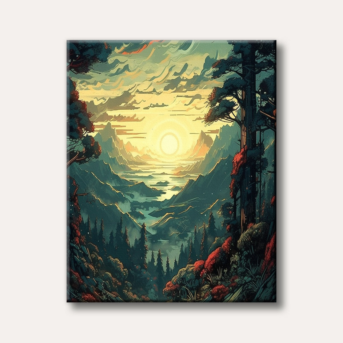 A vibrant and stylized landscape painting depicting a golden sunset over a vast valley with a winding river, surrounded by dark mountains and richly coloured foliage.