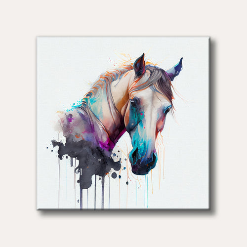 A vibrant painting of a horse's head, rendered with expressive abstract splashes and drips of multiple colours against a clean white background.