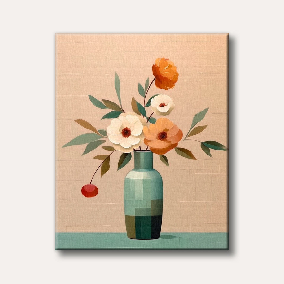 A modern stylized painting of a serene floral arrangement featuring soft orange and white blossoms in a teal geometric vase on a peach background.