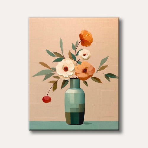 A modern stylized painting of a serene floral arrangement featuring soft orange and white blossoms in a teal geometric vase on a peach background.