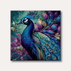 A vibrantly coloured peacock with iridescent blue, purple, and green feathers, standing amidst abstract foliage in a rich, artistic style.