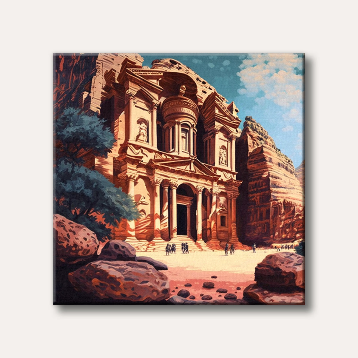 A stylized depiction of the ancient Al-Khazneh (Treasury) in Petra, Jordan, carved into warm red rock cliffs under a bright blue sky, with small figures of people.