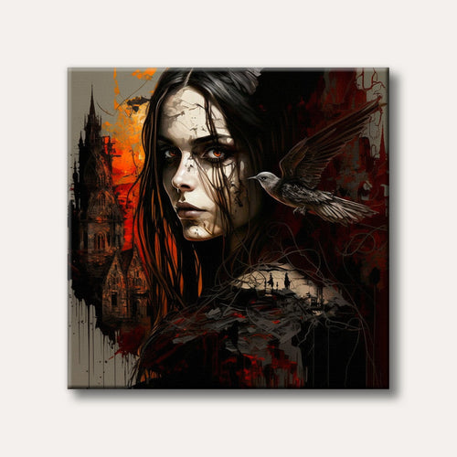 A dark fantasy painting of a gothic woman with long black hair and glowing eyes, a bird flying beside her, amidst dark architectural ruins and vibrant red and orange abstract elements.