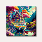A vibrant, whimsical landscape painting featuring a colourful cottage by a lake with a large glass bowl of swirling liquids in the foreground, rendered in a surreal, dream-like style.
