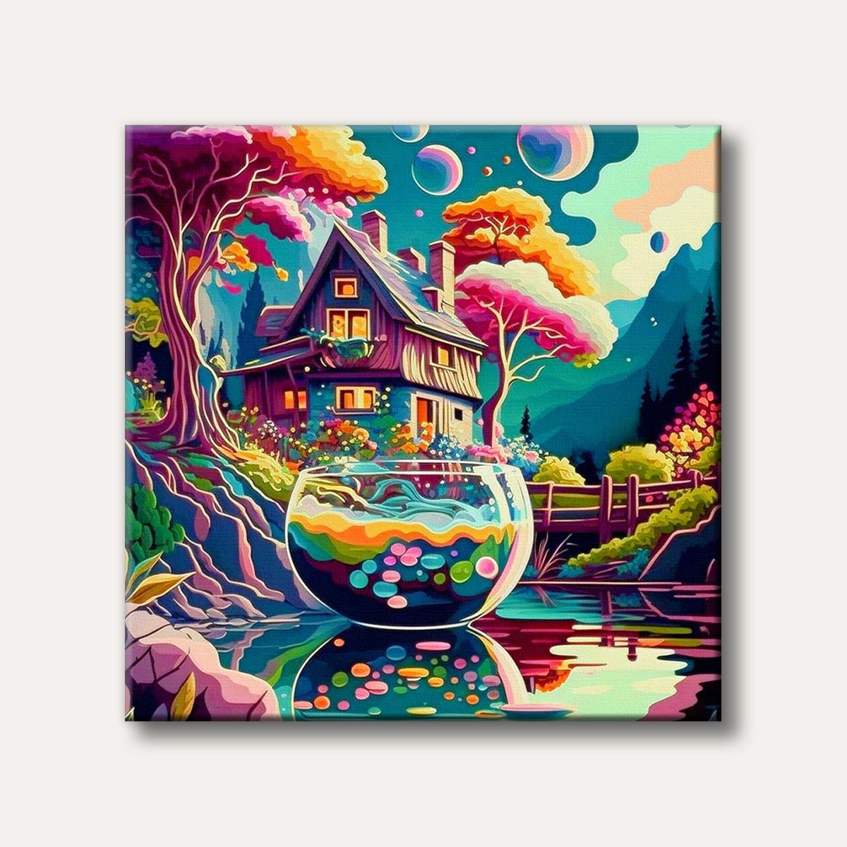 A vibrant, whimsical landscape painting featuring a colourful cottage by a lake with a large glass bowl of swirling liquids in the foreground, rendered in a surreal, dream-like style.
