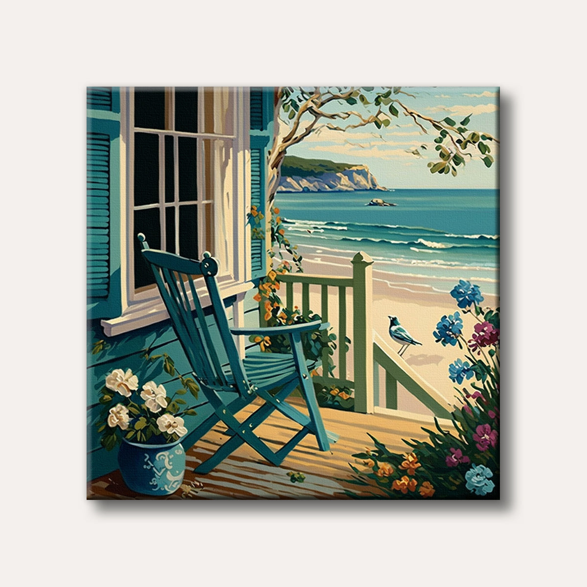 A vibrant illustration of a teal porch chair and potted flowers overlooking a calm sandy beach with blue ocean waves and a distant cliff, painted in a stylized, illustrative manner.