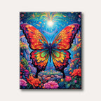 A large, vividly coloured butterfly with intricate patterns on its wings, set against a magical, glowing blue forest background with fantastical plants and mushrooms, rendered in a psychedelic art style.