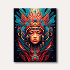 A stylized portrait of a woman in a vibrant, futuristic tribal headdress featuring bold red, teal, and gold geometric patterns on a dark background.