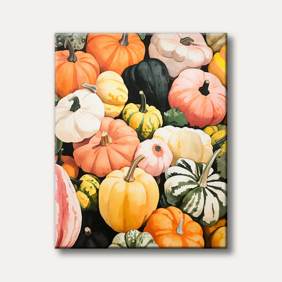 A top-down view of a vibrant assortment of pumpkins and gourds in various colours like orange, white, yellow, and green, rendered in a painterly style, evoking a festive autumn mood.