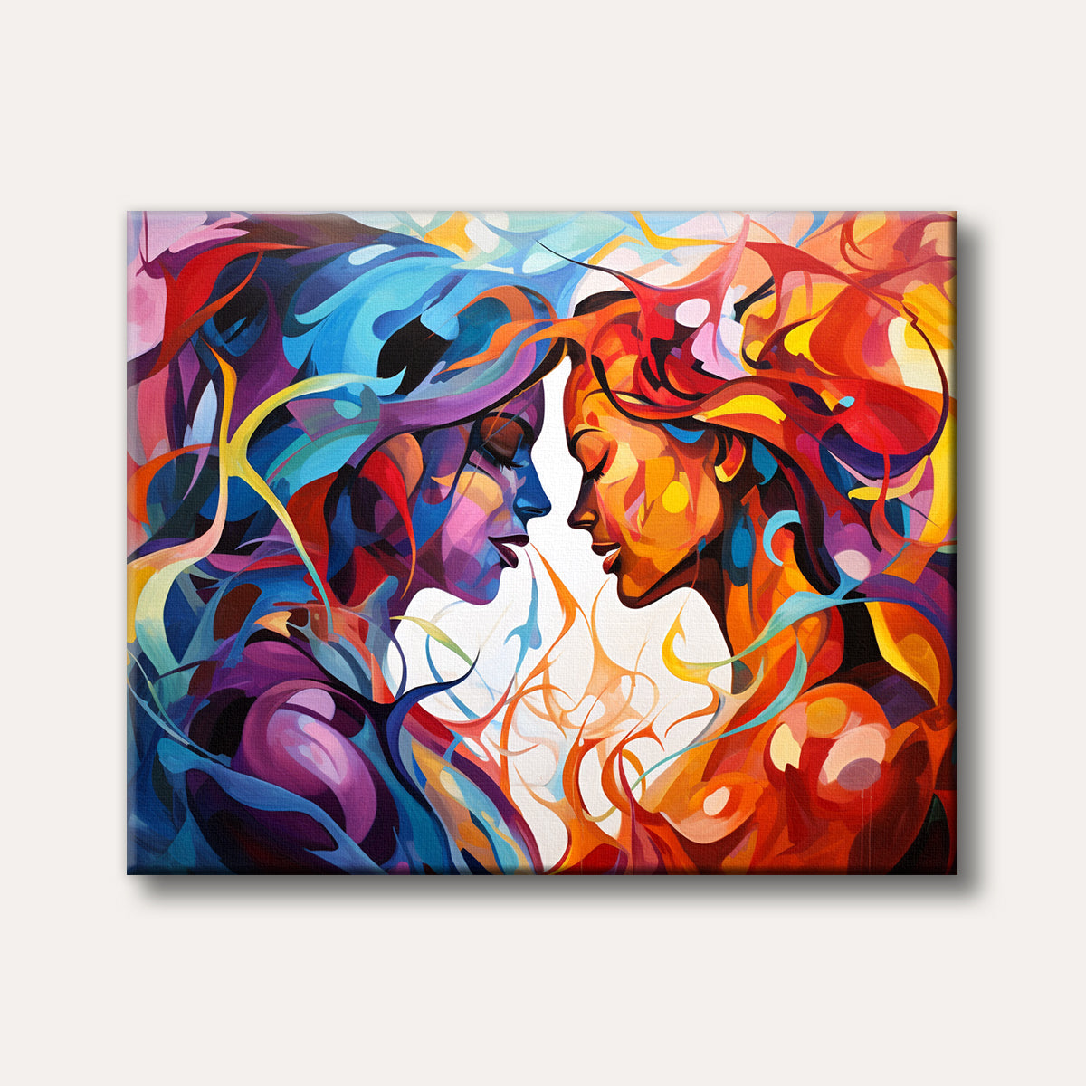 Two abstract female faces in profile, facing each other, depicted in a highly vibrant and flowing style. One face is predominantly cool blues and purples, while the other is warm reds and yellows, creating a sense of dynamic harmony.