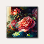 A vibrant watercolour painting depicting close-up red and pink roses with green foliage, featuring illuminated petals against a dark, moody background.