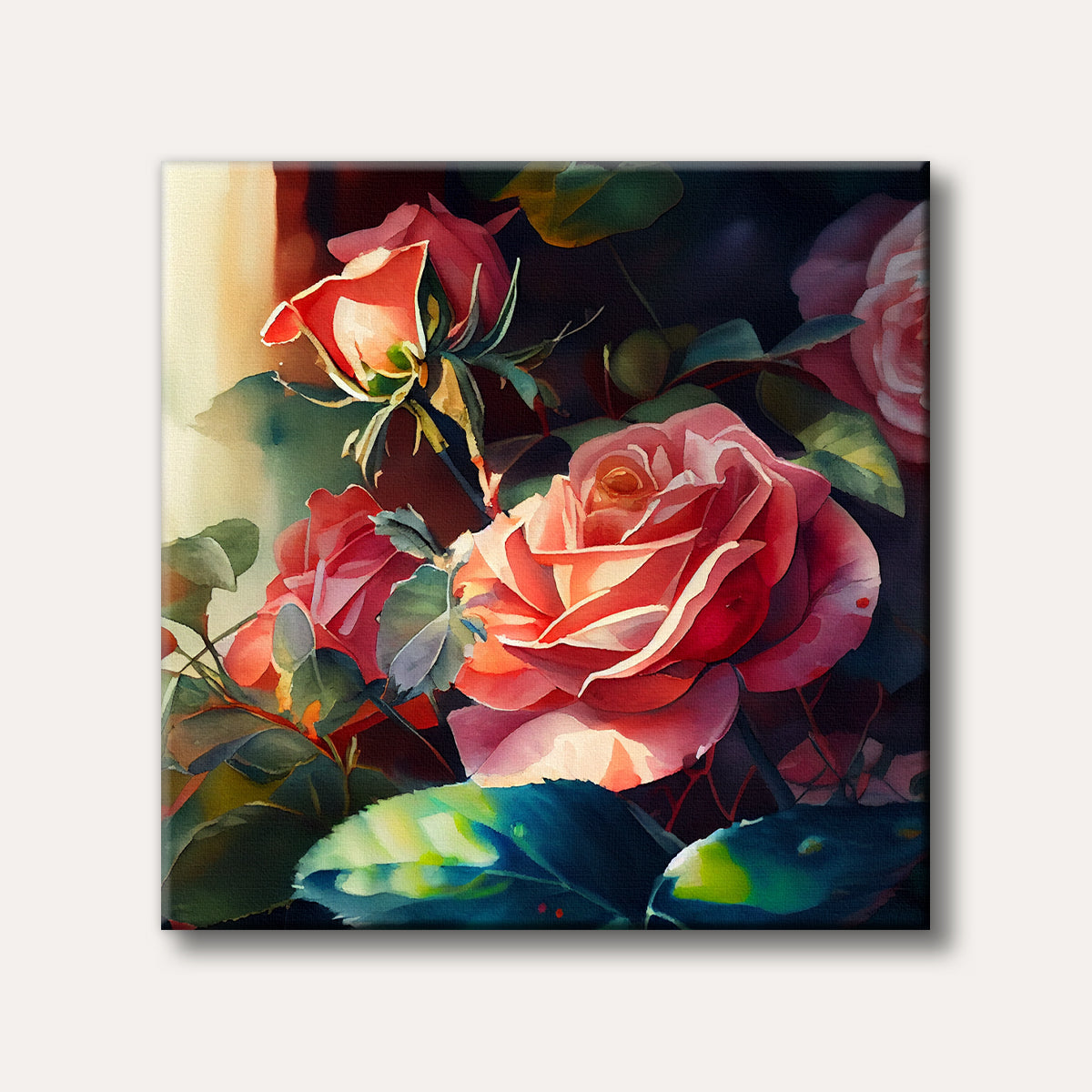 A vibrant watercolour painting depicting close-up red and pink roses with green foliage, featuring illuminated petals against a dark, moody background.