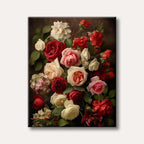 A vibrant, classic still life painting featuring a lush bouquet of red, pink, and cream roses on a dark background, evoking a rich and elegant mood.