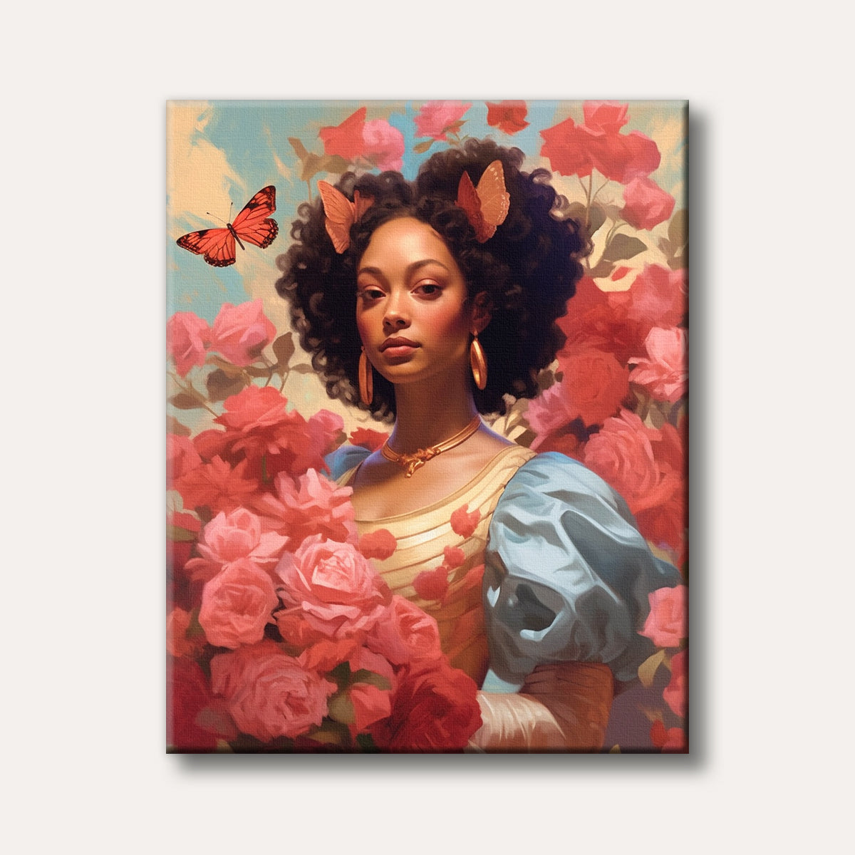 A beautiful young woman with curly hair and butterfly adornments surrounded by abundant pink roses, painted in a painterly, romantic style.