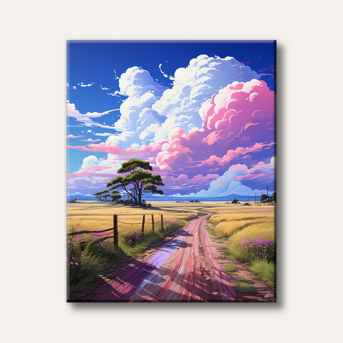 A vibrant, anime-style landscape painting featuring a dirt path winding through golden fields towards the horizon, beneath a dramatic sky filled with large pink and white clouds at sunset.