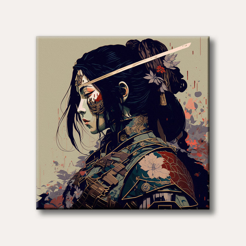 A stylized portrait of a Japanese warrior woman with long dark hair, intricate armor, and a sword, set against a muted, abstract background in an artistic style.