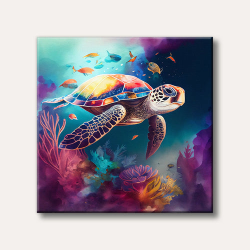 A vibrant painting depicts a colourful sea turtle swimming gracefully amidst a coral reef, surrounded by small fish in a serene underwater scene.