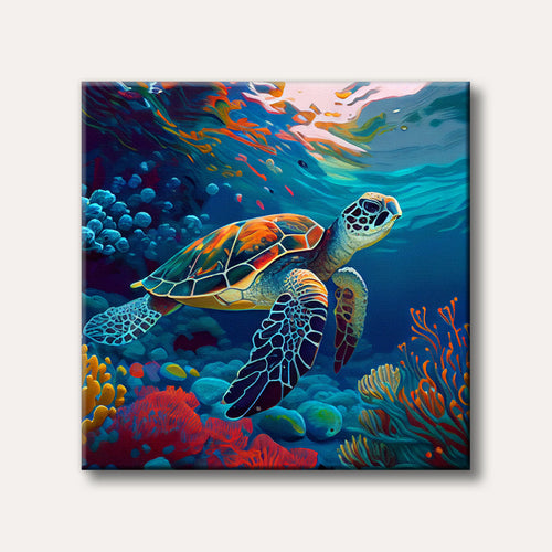 A vibrant, colourful sea turtle swimming gracefully among vivid coral and marine life in a deep blue ocean, rendered in a painterly style.